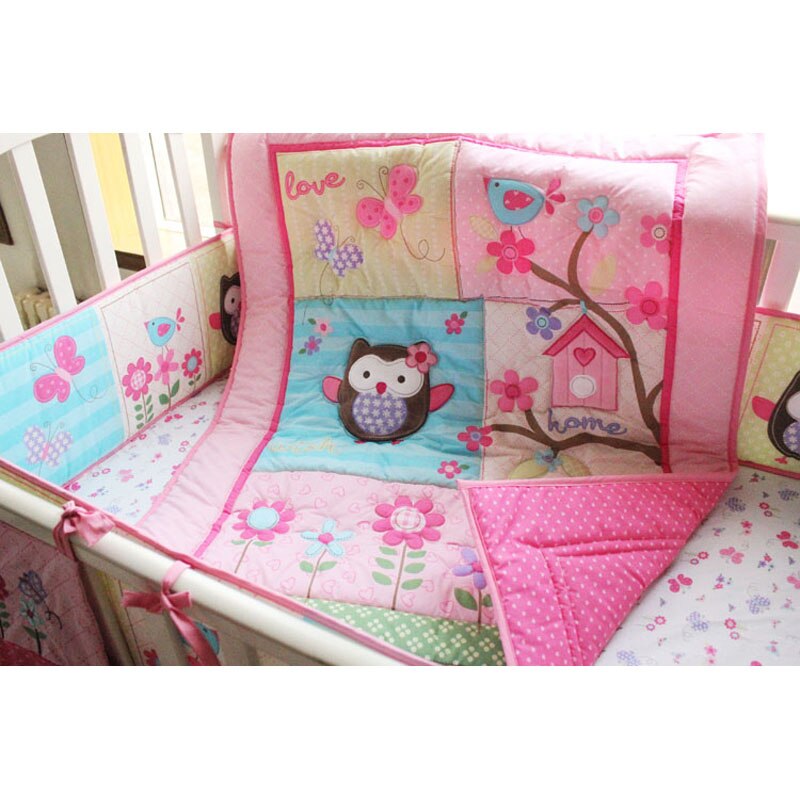 Baby Beddengoed Set Roze Uil Baby Crib Set Voor Meisje Baby Bed Set Quilt Matras Sheet Rok Crib Protector Bumpers luier Organisator
