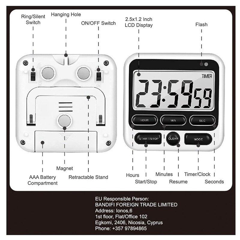 Kitchen Timer, Magnetic Kitchen Timer, with Adjustable Sound Alarm and Memory Function for Cooking and Studying