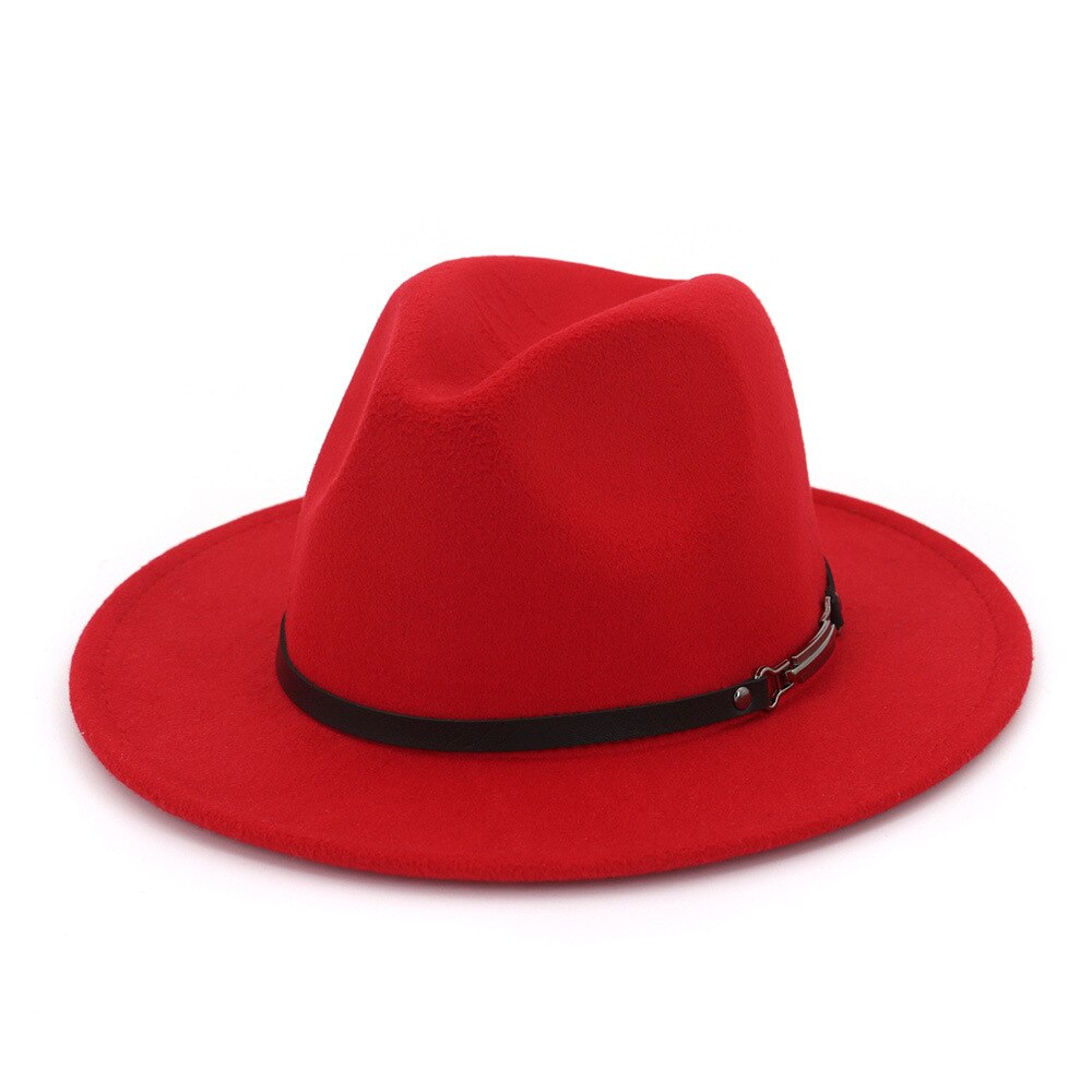 Höst vinter vanliga fedora hattar för kvinnor hatt vintage bowler jazzmössa filt bred brätte solkyrka hatt: Röd
