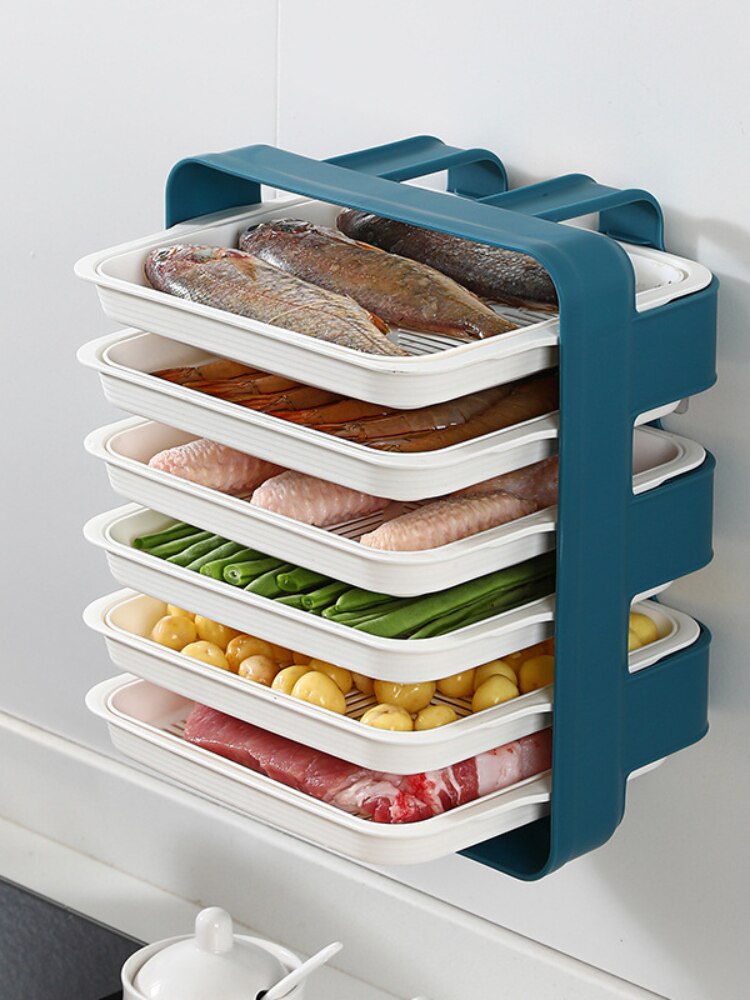 Kitchen side dish plate multi-layer superimposed vegetable plate household countertop space-saving wall-mounted rack plate sets: Blue 6  drain