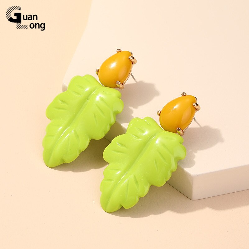 GuanLong Colorful Resin Leaf Long Earrings for Women Statement Large Acrylic Dangler Earring for Teen Girls