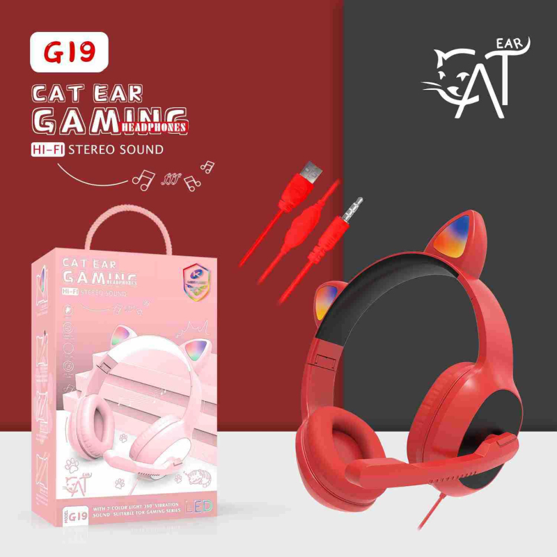 Product G19 Pink Cat Ear Cute Girl Gaming Headset With Mic Noise Reduction Stereo Music RGB Flash Light Wired headphone: 02