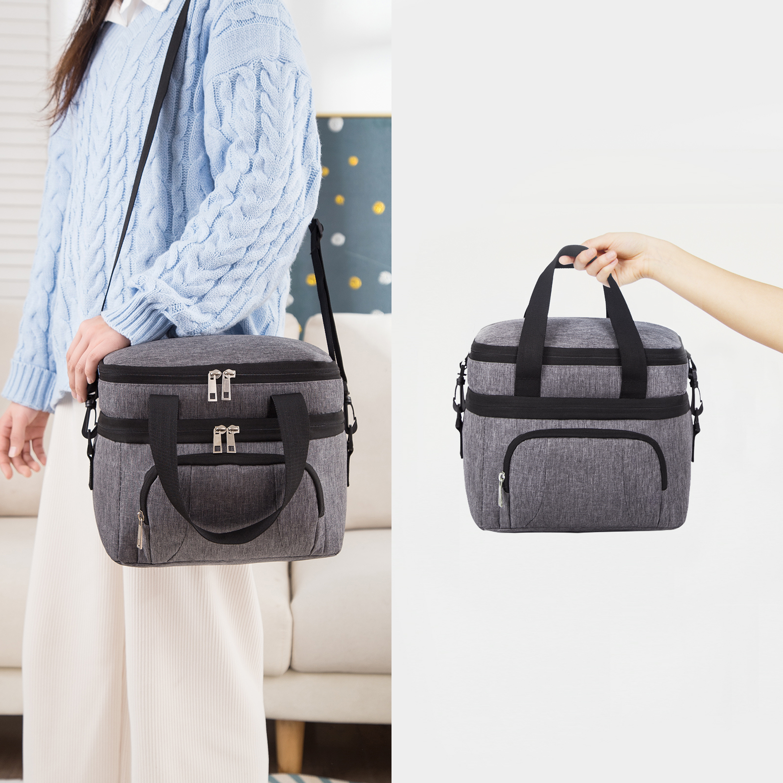 Podwójnie izolowana torba na lunch Przenośne termiczne pudełko na lunch Wodoodporna piknikowa torba termoizolacyjna z regulowanym paskiem