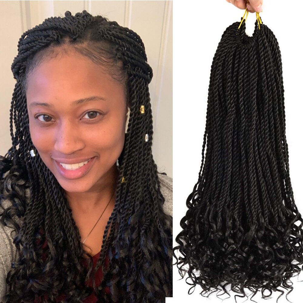 Goddess Senegal Twist Crochet Hair Braiding With Curly Ends Synthetic Braid Hair Extensions 18 Inch SOKU Ombre Senegalese Braids: #1B / 3Pcs/Lot