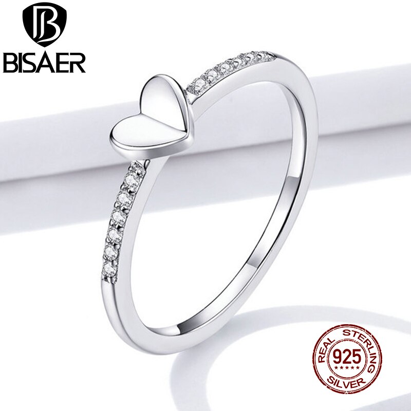 BISAER Folded Heart Rings 925 Sterling Silver Shiny Zircon Finger Simple Ring For Women Wedding Engagement Jewelry EFR121