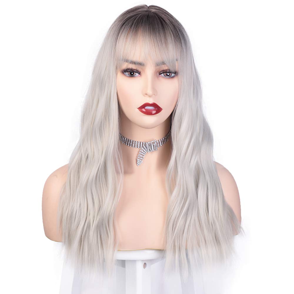 Peluca de ondas naturales gloriosas estampada, peluca rosa con flequillo, pelucas de pelo largo sintético para mujeres, pelo de fibra resistente al calor de alta temperatura: gray