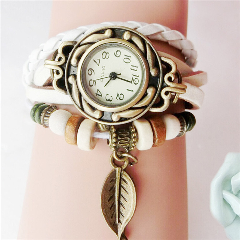 Vrouw Armband Horloge Lederen Band Leaf Hanger Ladie Horloge Retro Eenvoudige Quartz Lady Klok Relogi montre dames horloges # W: WHITE
