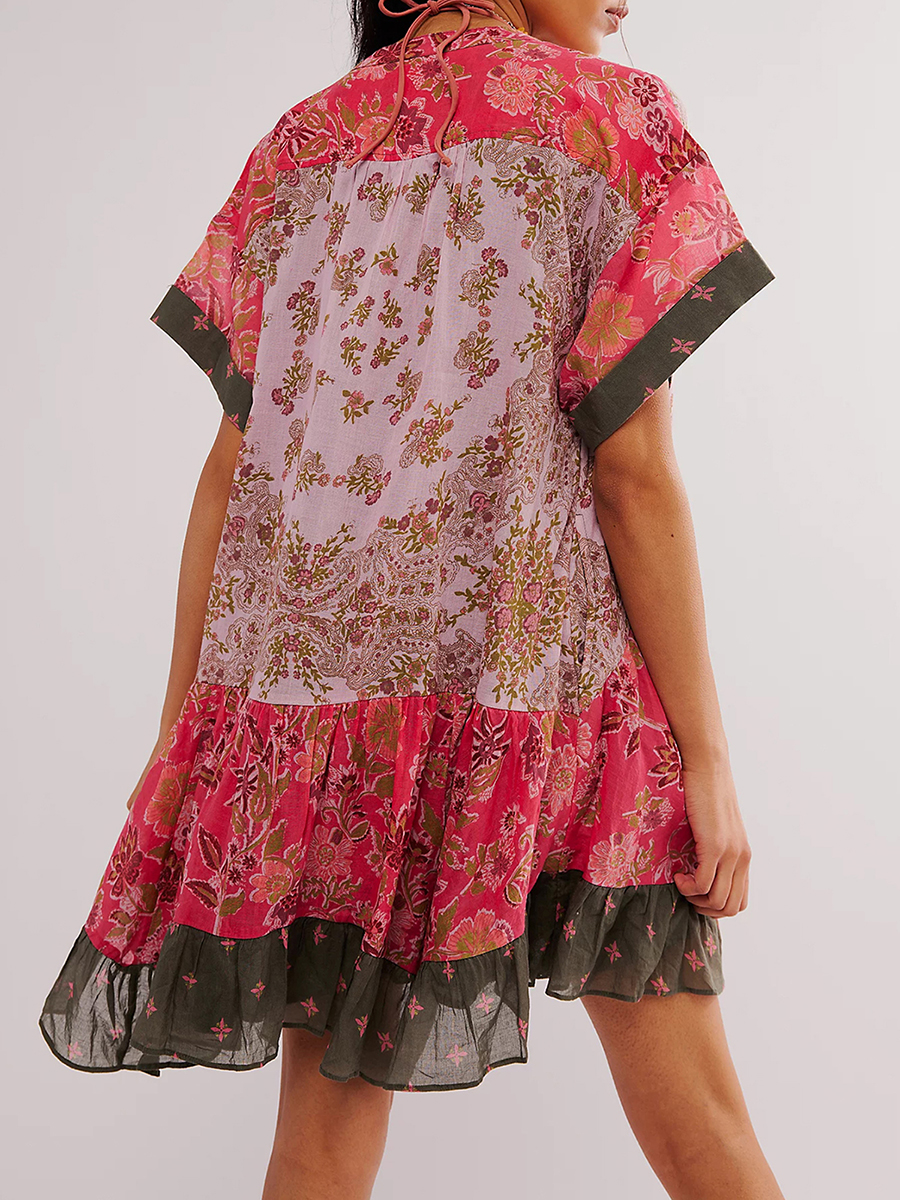 Kvinners sommer babydoll-kjole bohemsk blomstertrykk kortermet v-hals flagrende kjole med lommer fritids-retro