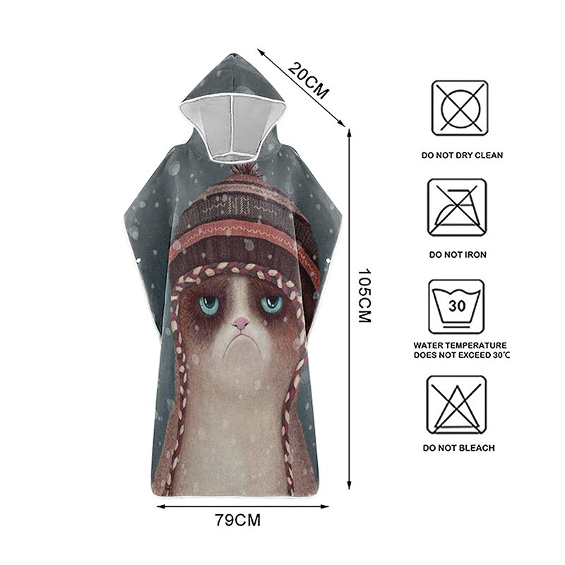 Vestido de toalla de playa con estampado de gato y dibujos animados, bata con capucha, Poncho, Toalla de baño para adultos, Surf en la playa, ropa de playa