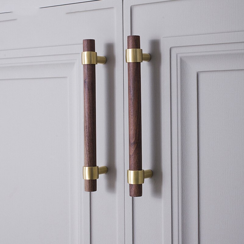 Naturalne drewno + mosiądz T bar klamki robić drzwi amerykańskie stylowe meble drewniany uchwyt szuflady ciągnie gałki i uchwyty szafek kuchennych