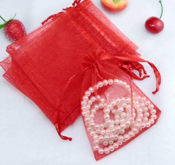 10*15cm gennemsigtige poser slik chokolade emballage lille smykkeskrin organza poser favorisere poser med snoretræk: Rød