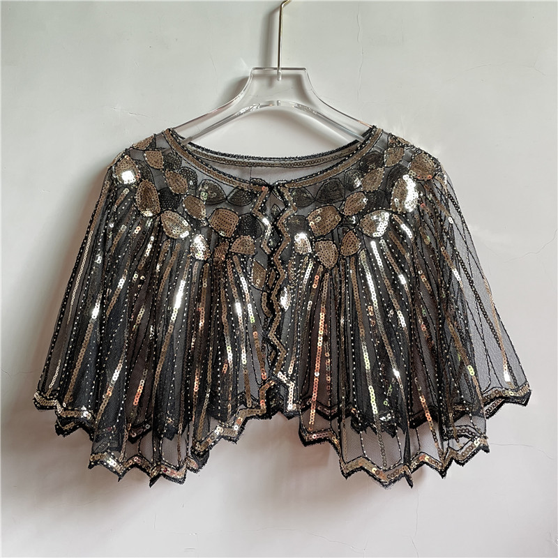 Vintage 1920s flapper xale lantejoulas frisado capa curta frisado decoração gatsby festa malha curto cobrir vestido acessório: GOLD