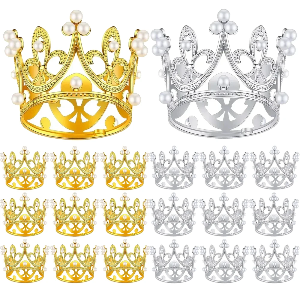 30/1Pcs Gold Crown Cake Topper Mini Pearl Tiara Crown Cupcake Topper For Flower Bouquets Baby Shower Birthday Party Decoration