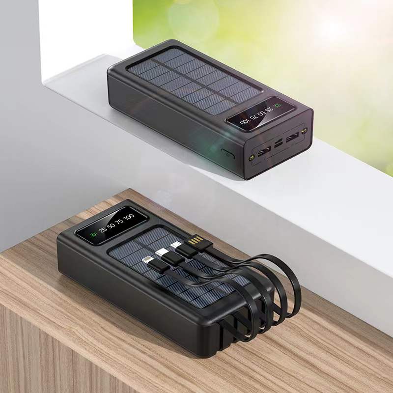 Solar power bank 80000 mah bærbar oplader hurtigopladning eksternt batteri med ladekabel poverbank til xiaomi iphone: Sort
