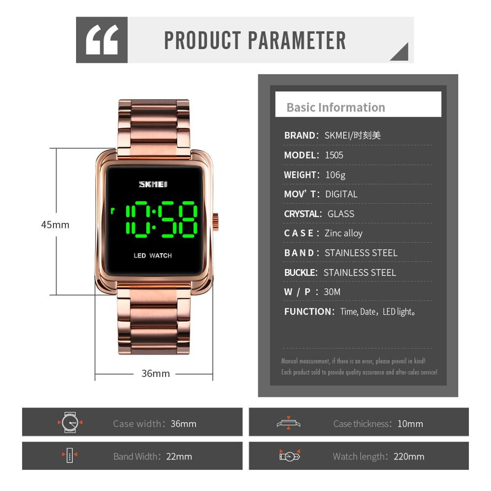 Skmei led digital klocka herr vattentät date herr digitala armbandsur i rostfritt stål tunn elektronisk klocka 1505