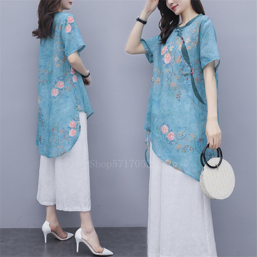Women Vintage Irregular Flower Long Shirt+Pants KL1043 main image 0