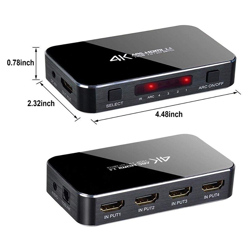 HDMI Switch 4K@60Hz 4 in 1 Out with o Optical/Remote Control, HDMI Splitter with o Extractor Support ARC