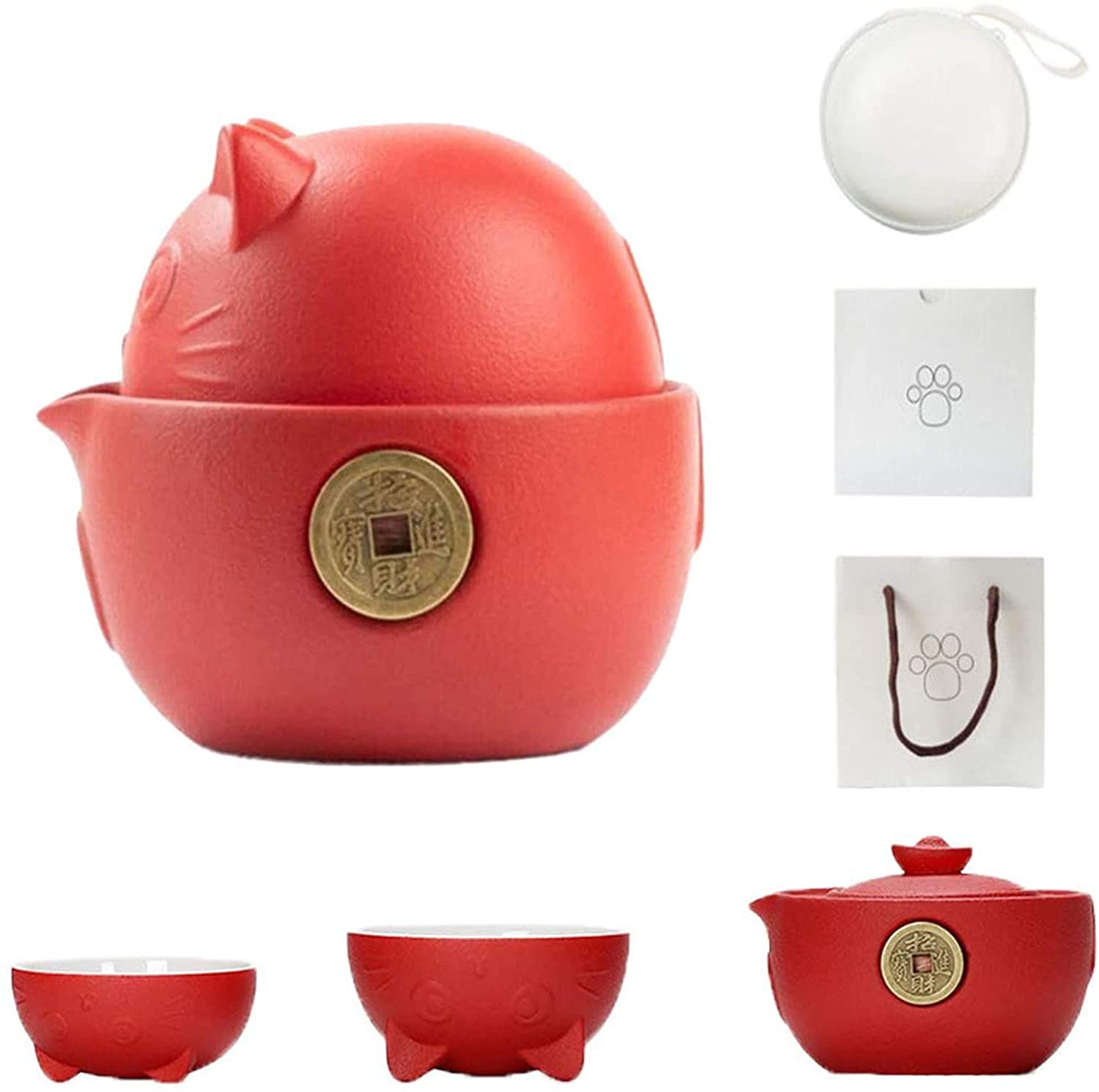 Service à thé Portable en céramique série chat, théière Kung Fu chinoise Anti-brûlure avec sac de voyage, Pots à thé et tasses à thé pour la maison: Red