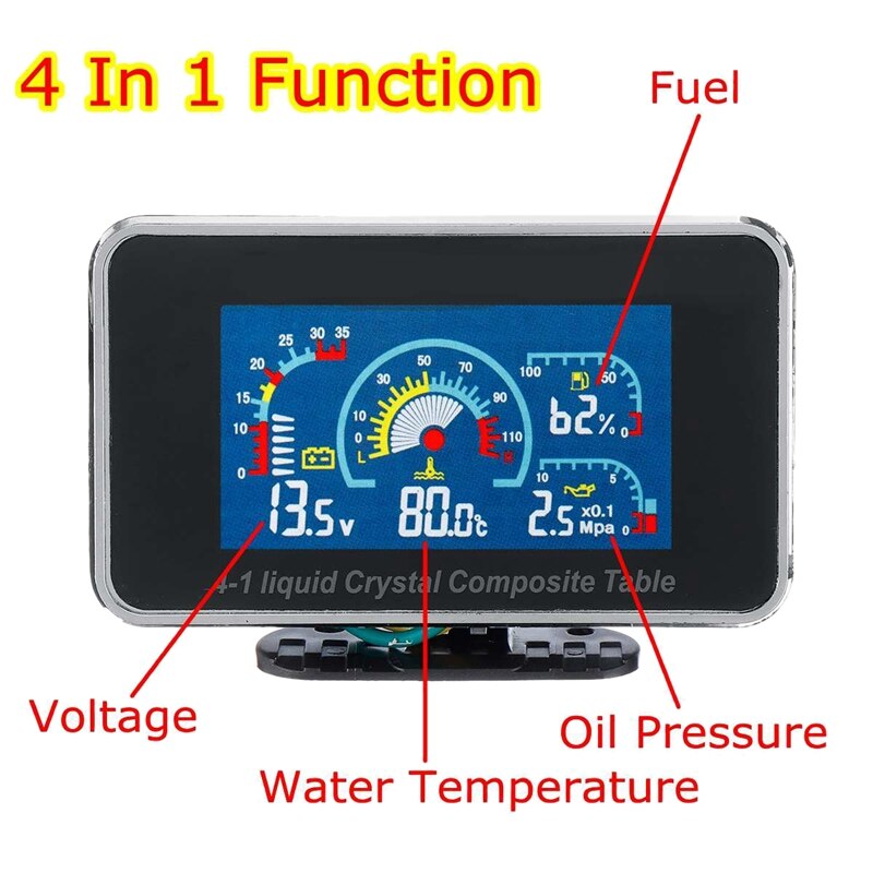 12V/24V 4 in 1 LCD Car Digital ALARM Gauge Pressure Voltmeter Volt Water Temperature Oil Pressure Fuel Gauge Temperature Sensor