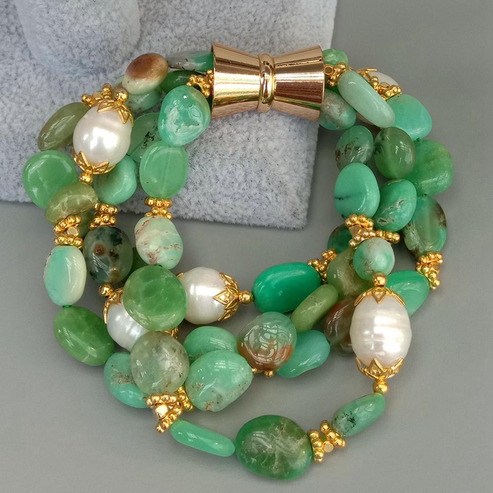 Y · Ying Natuurlijke 4 Strengen Groen Chrysopraas Nugget Gekweekte Witte Rijst Parel Armband 8.5 ''Voor Vrouwen