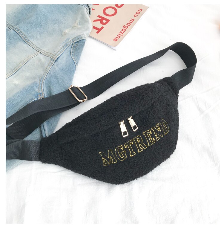 Waist Bags For Women Fur Chest Bags Winter Warm Plush Crossbody Bag Ladies Fanny Pack Faux Fur Chest Purse Casual Belt Pack: Black waist bag