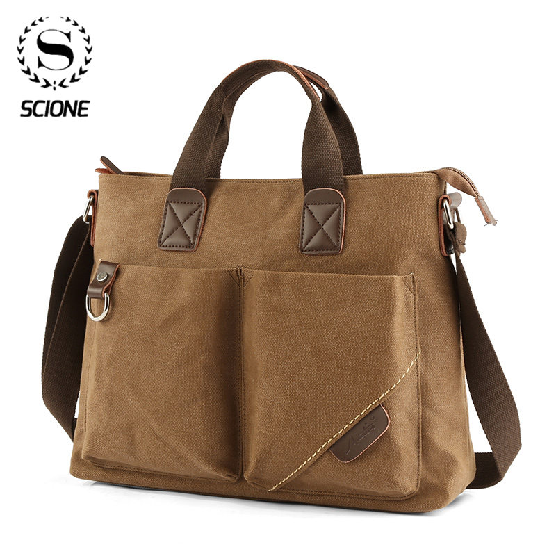 Scione Men Canvas Portable Handbag Business Casual Vintage Multifunction Shoulder Bag Leisure handbag: Coffee