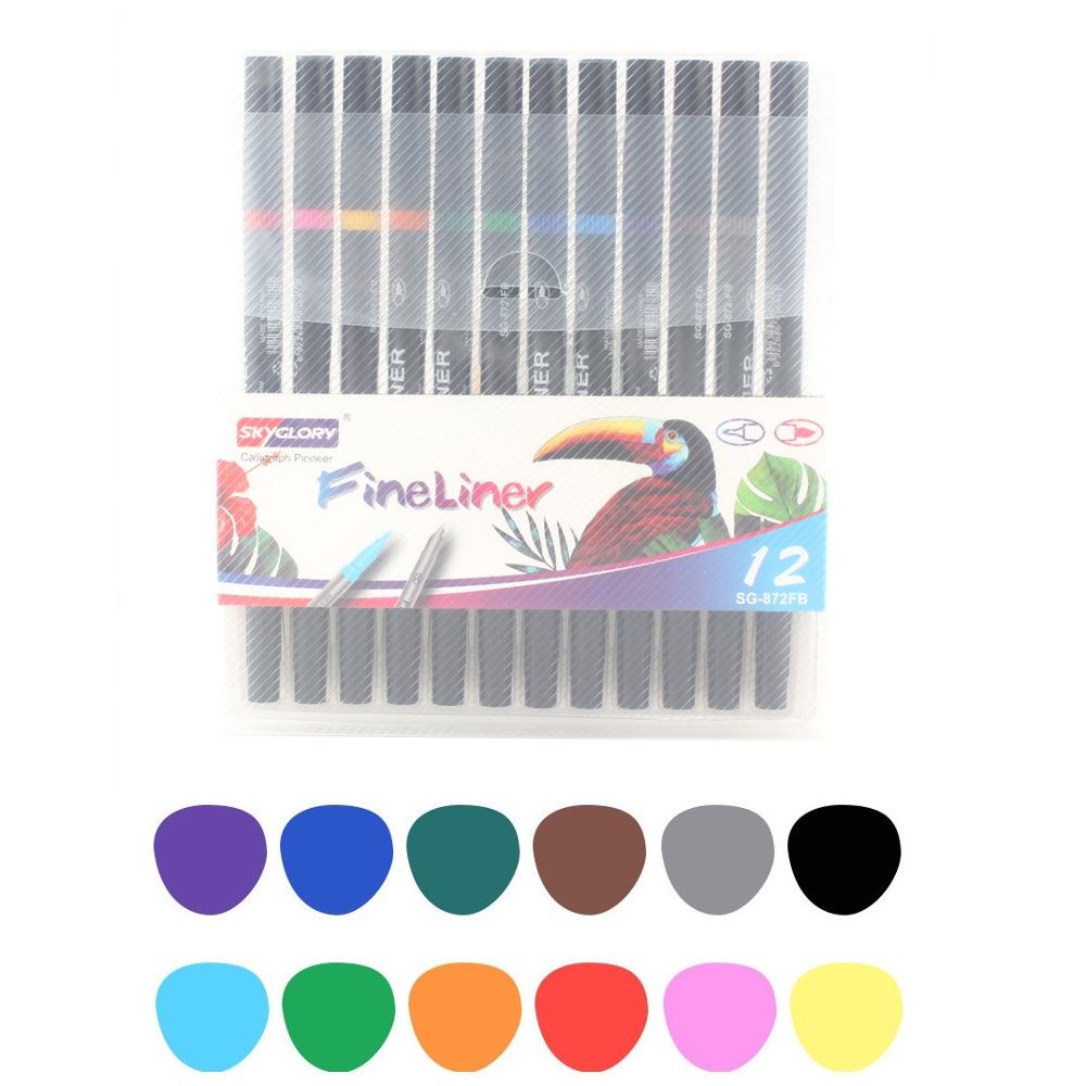 12/24 farver dobbelt spids penselpen highlighter fed fine liner kalligrafi tegning signatur kunst maleri skolebørn  a6855: 12 farvesæt