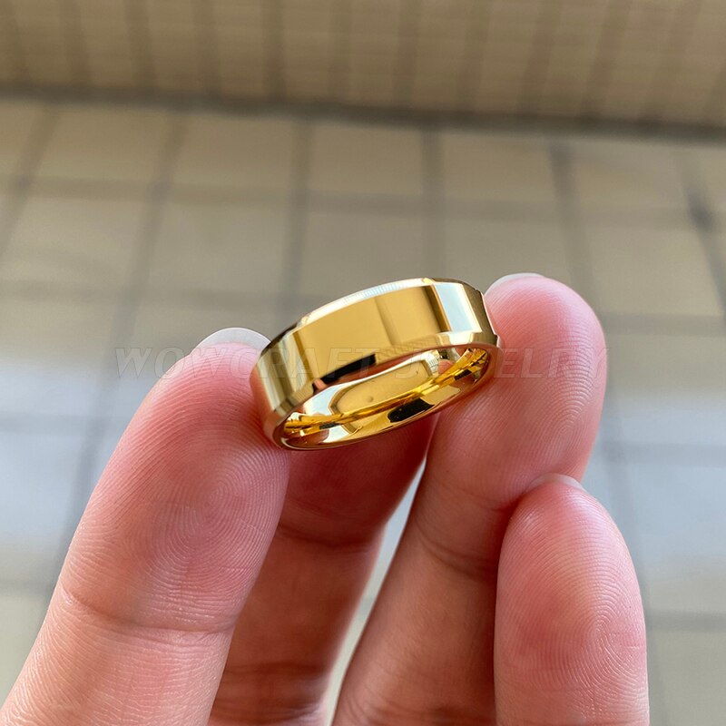 Wowcraft jóias 6mm ouro anéis de carboneto de tungstênio para homens feminino casamento banda polido brilhante chanfrado bordas livre dentro gravura
