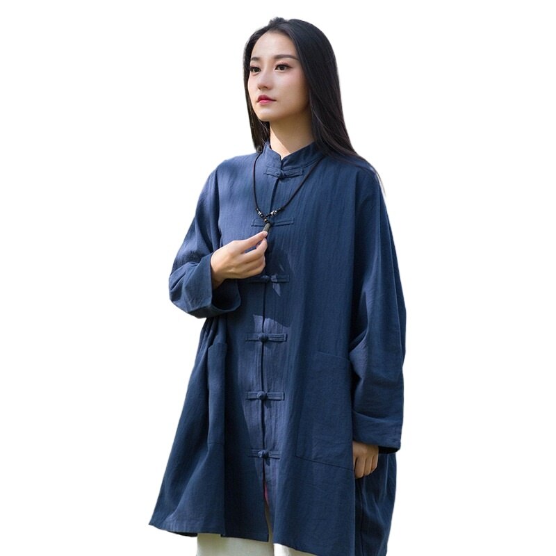 Camisa holgada de estilo chino para mujer, Blusa de algodón y lino, camisa de manga larga de talla grande, ropa de Tai Chi, Tops V1999: 1