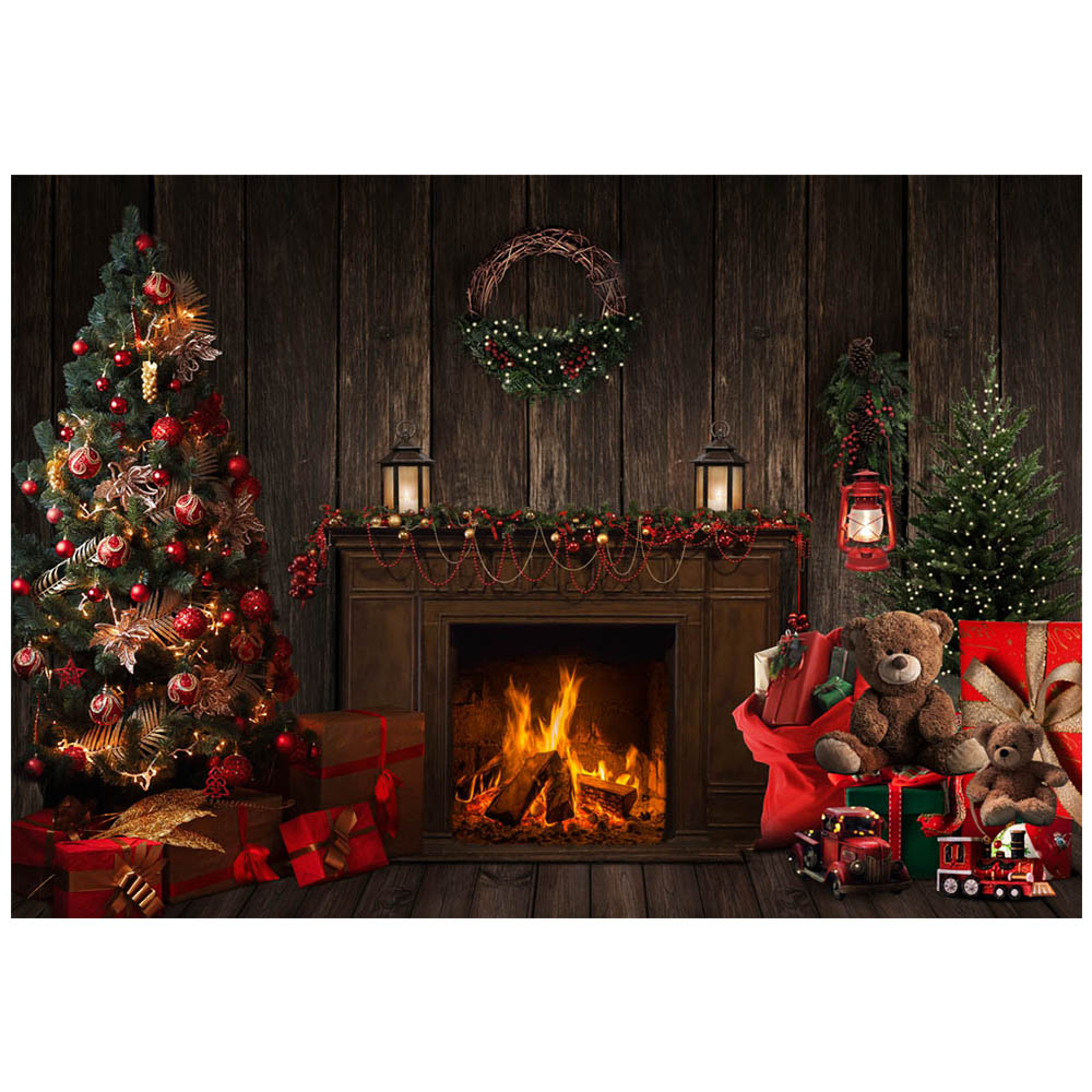 Mocsicka Wood Wall Fireplace Photography Backdrops Christmas Tree Toy Kid Birthday Photo Background Photo Studio Photoshoot
