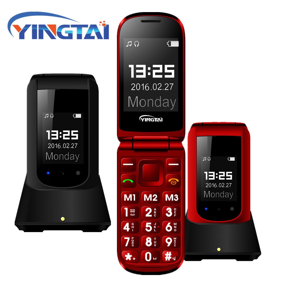 Free Desktop Charger Flip Feature Mobile Phone YINGTAI T09 GSM Big Push-button Dual Screen Clamshell Elder Telephone CellPhone