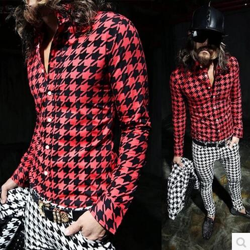 M-xxl! heren gd dj lente heren overhemd wit pied-de-poule slank overhemd met lange mouwen slank podium zanger kostuums kleding: Rode pied-de-poule / M