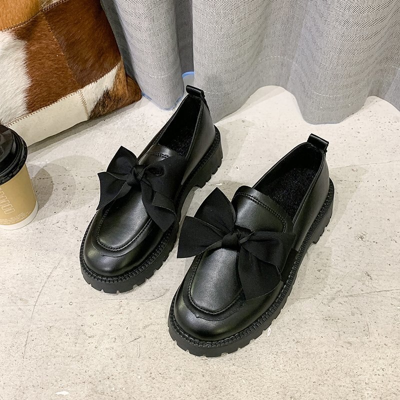 Lente herfst dames leren plateau schoenen zwarte loafers strik instappers platte schoenen vrouw casual naaien oxford zapatos mujer 8873n: Zwart / 37