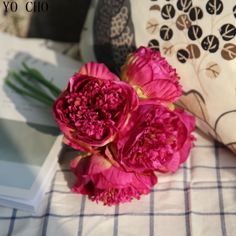 YO CHO Mode Bruid Hand Bloemen Mooie Pioen Bruidsboeketten Kunstmatige Rose Zijden Bloemen DIY Boeket Witte Pioen Rode Roos