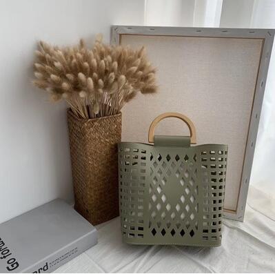 Femmes sacs sacs à main marques célèbres évider plage sac Bolsa Feminina bois poignée fourre-tout sacs sac à bandoulière en cuir synthétique polyuréthane sacs à main: green