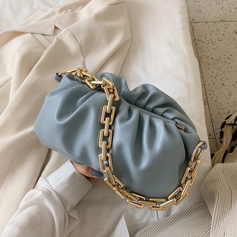 Bolso de cuero sintético con cadena dorada para mujer, bolsa de mano femenina para la axila, de hombro, de viaje, de Color sólido, para verano,: Azul