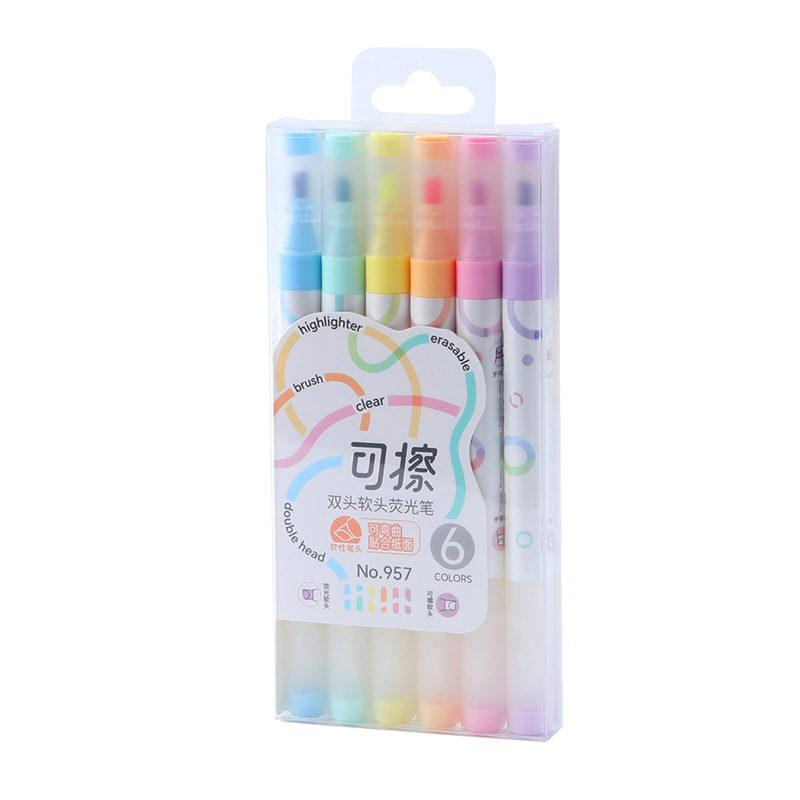 Juego de 6 resaltadores borrables Kawaii de colores, notas de doble cabeza para tomar el forro, marcadores de 4mm de espesor, bolígrafos fluorescentes para notas: Default Title
