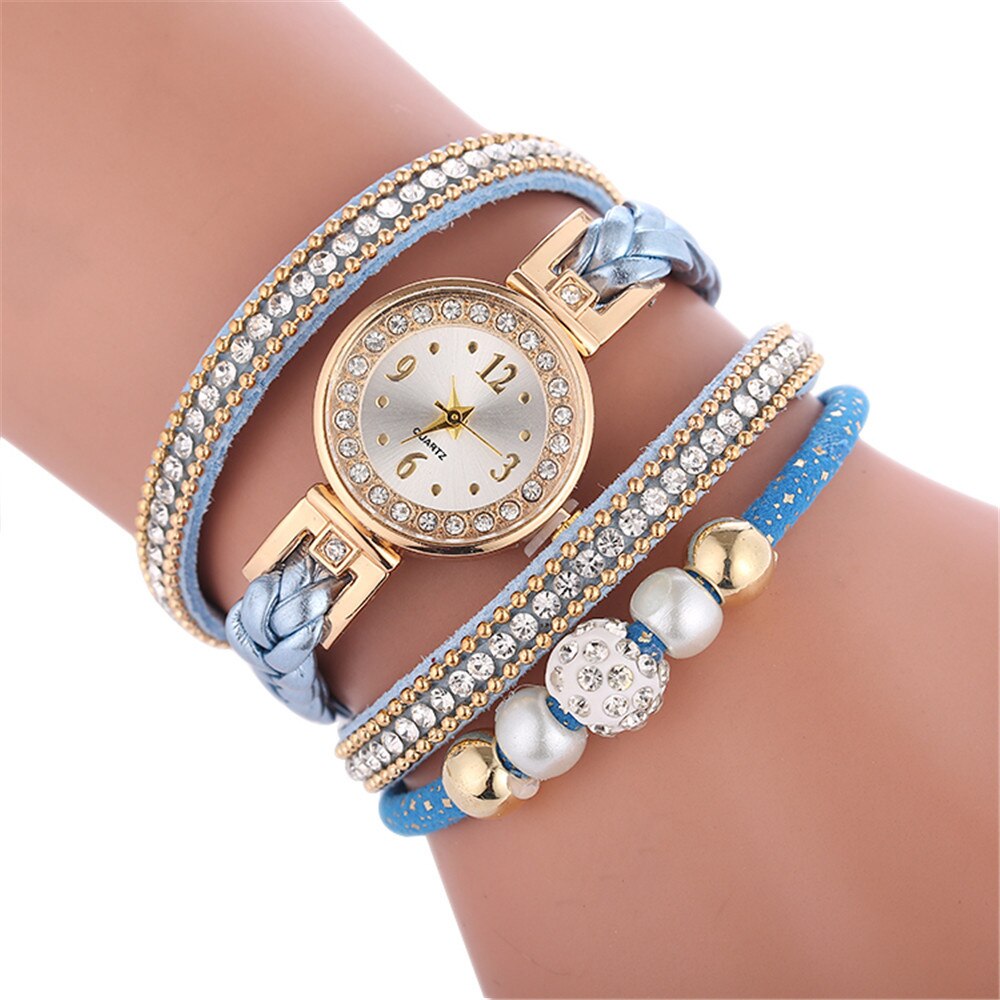 Vrouwen Lederen Dames Quartz Horloge Horloges Mooie Metalen Hanger Dames Ronde Armband Horloge Klok Mode: F