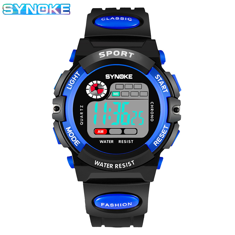 Synoke Multifunctionele Nacht Student Kinderen Elektronisch Horloge Sport Waterdicht Jongen Elektronisch Horloge Waterdicht Licht Mode: Blauw