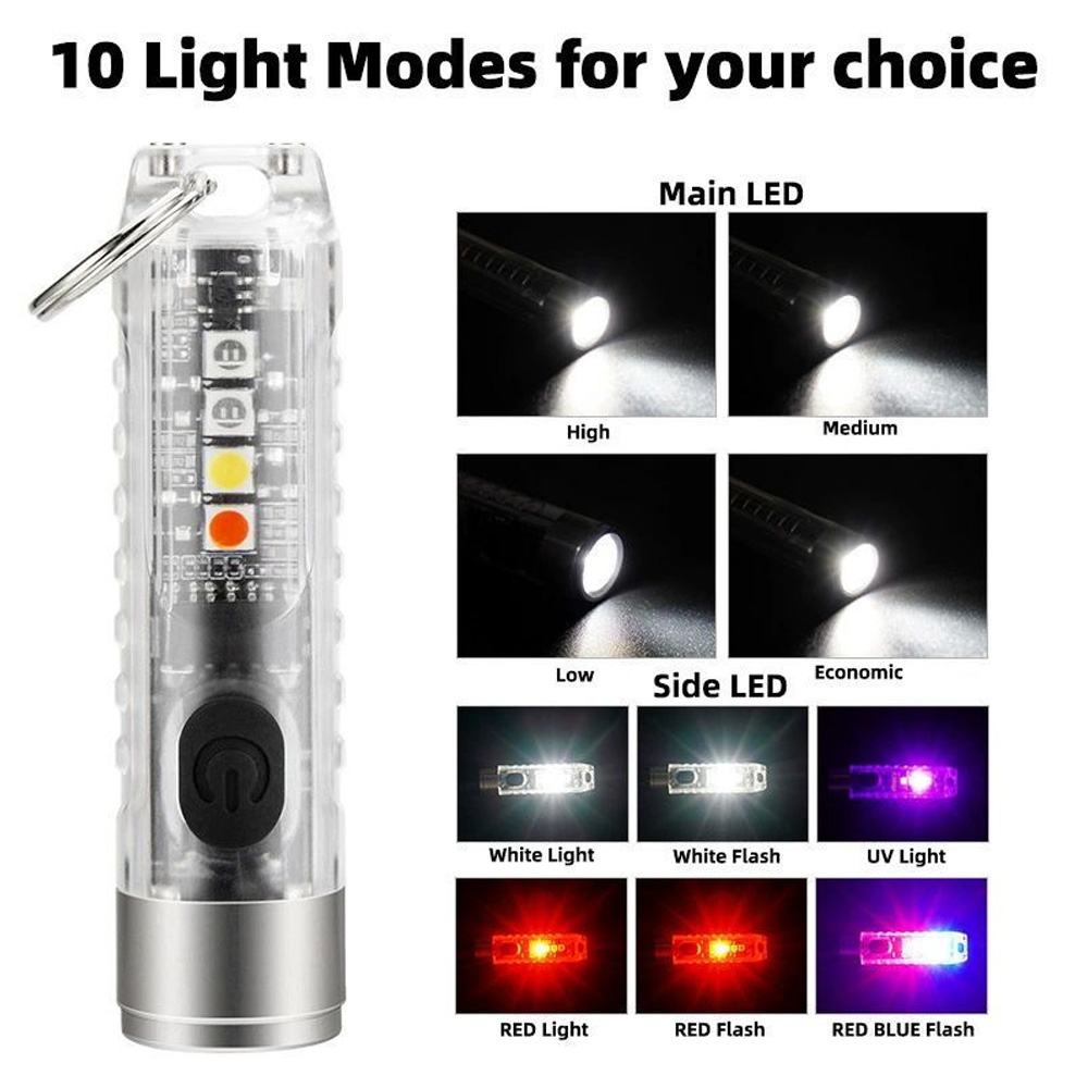 Oppladbar mini-lommelykt med 10 moduser, bærbar nøkkelringlys, magnetisk lommelykt, usb-oppladbar uv-lampe, nødcampinglykt