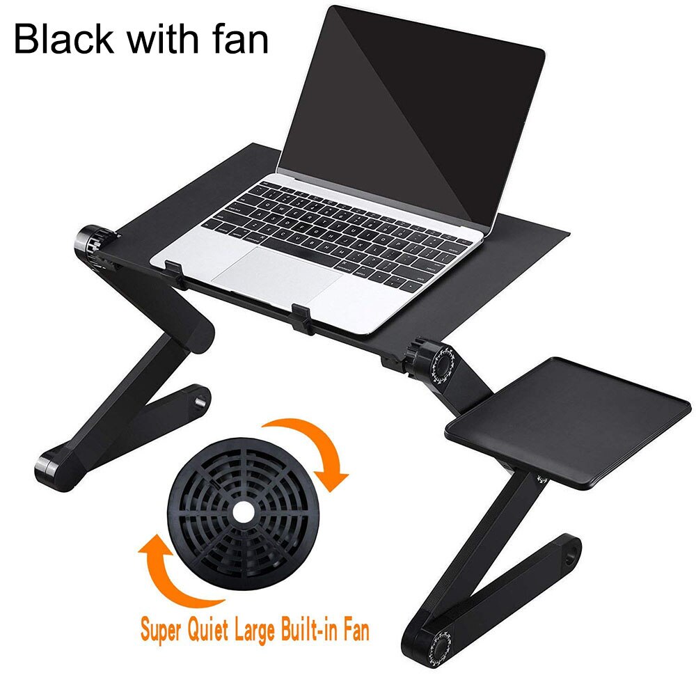 Adjustable Aluminum Laptop Desk Ergonomic Computer Desk Portable TV Bed Desk Tray: Black with One Fan