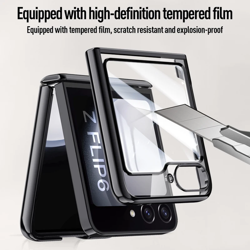 Bisagra plegable transparente galvanizada para Samsung Galaxy Z Flip 6, funda con película de espejo, cubierta dura todo incluido a prueba de golpes