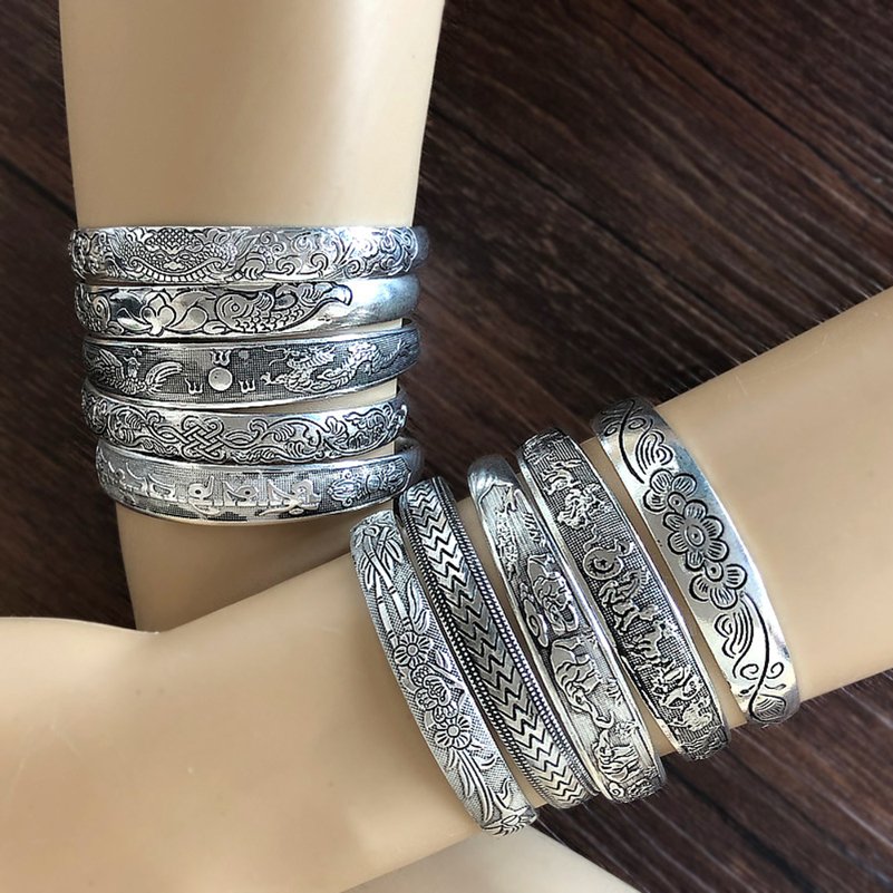 Nuevas pulseras Retro, brazaletes tibetanos de plata y Metal tallado, brazaletes de flores de elefante y pez, joyería gitana Vintage, para mujer