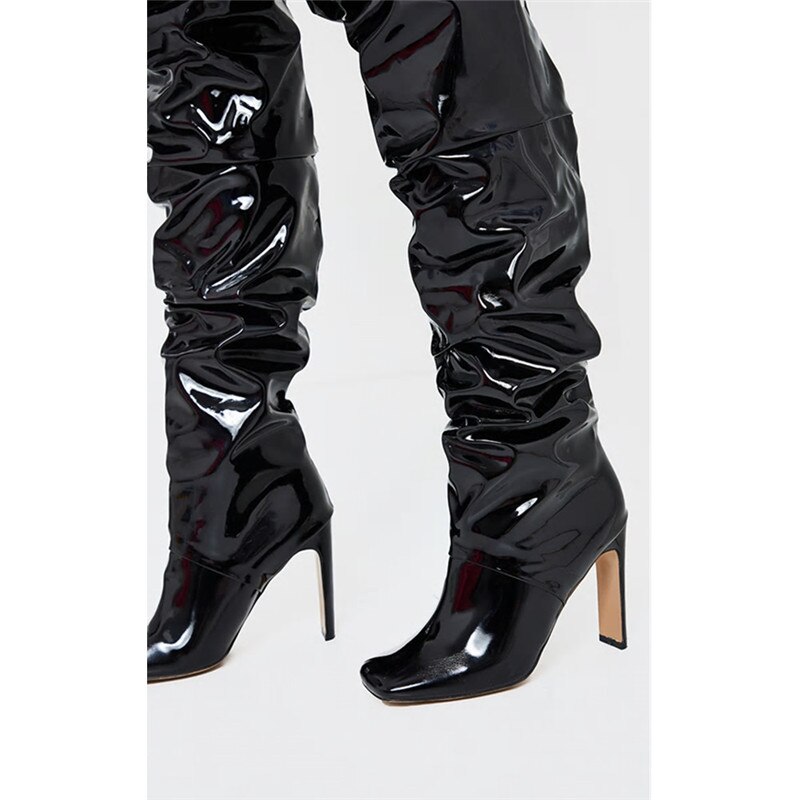Mstacchi – Botas classiques en peluche pour femme, chaussures confortables plissées à talon épais et bout carré, cuissardes hautes, hiver
