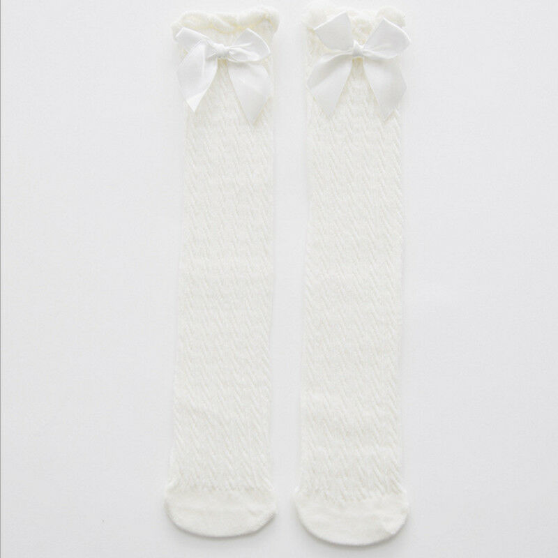 Pudcoco babypige strømper forår knæhøje sokker spædbørn blonder sløjfestrømper prinsesse bomuld lange rør støvletter 28cm 38cm: Hvid / 38cm