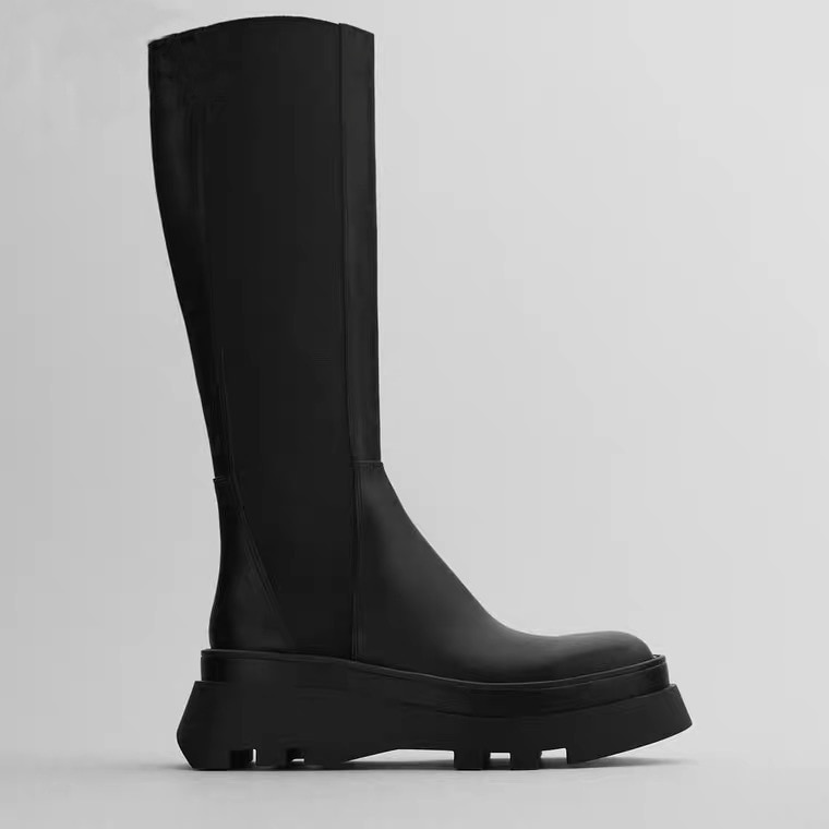 Winter dameslaarzen zwarte gegroefde zool schoorsteenlaarzen platte leren laarzen kniehoge laarzen merk