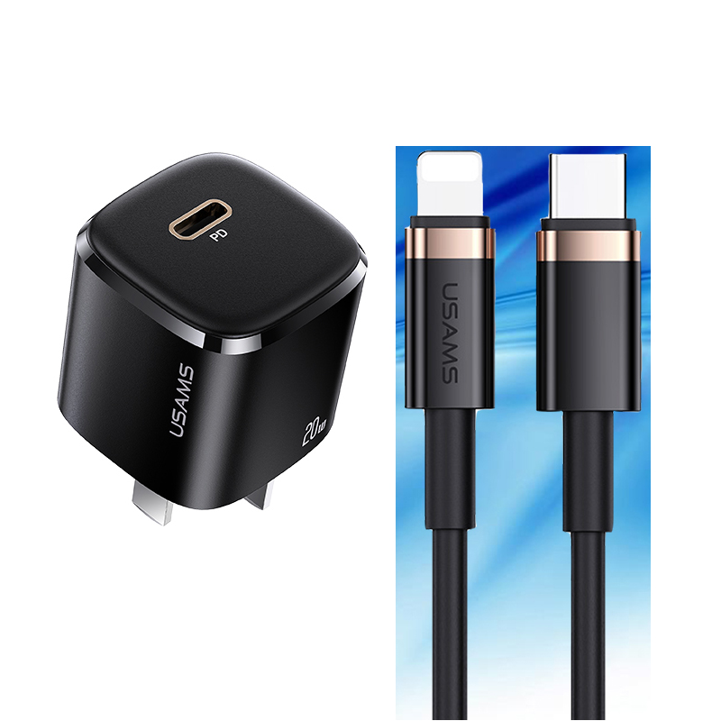 Usams 20W Mini Pd Snel Opladen Telefoon Oplader Met 100W Kabel Set Voor Iphone 12 Mini Pro Max ipad Pro Apple Draagbare Oplader: Black CN Kit