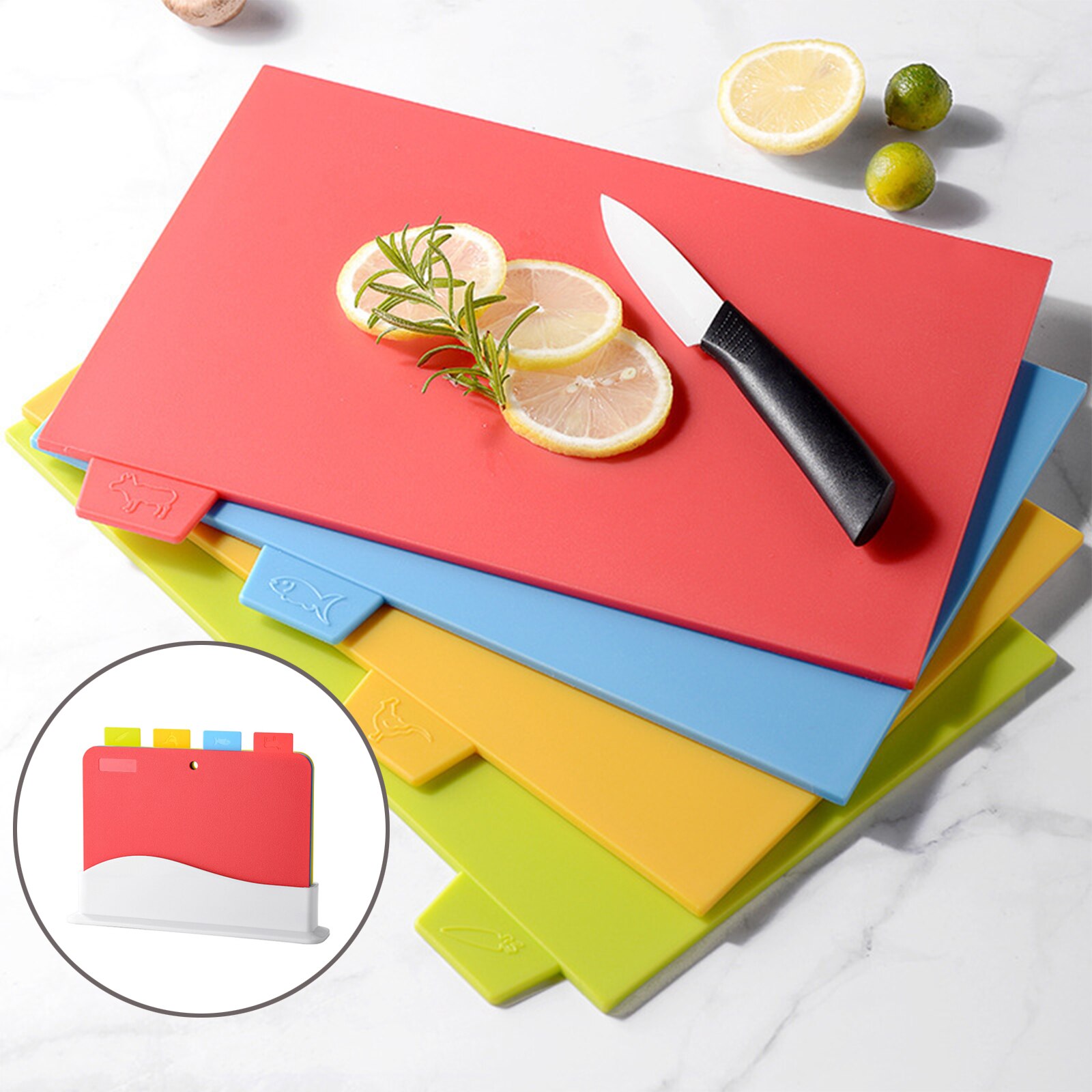 Chopping Board Set 4 PCS Index Colour Coded Plastic Cutting Boards with Storage Stand, Non Slip Cutting Board Sets