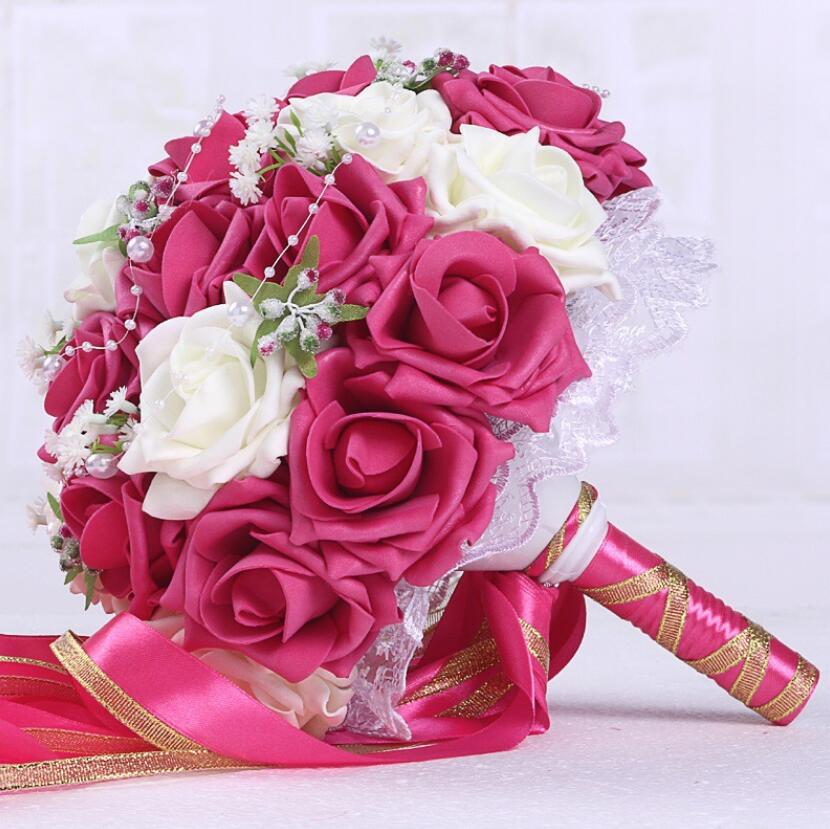 Bourgondië Wedding Boeket Roze/Rood/Wit/Bourgondië Bridal Bruidsmeisje Bloem Kunstmatige Bloem Roos Boeket Bruid AA130: rose plus white