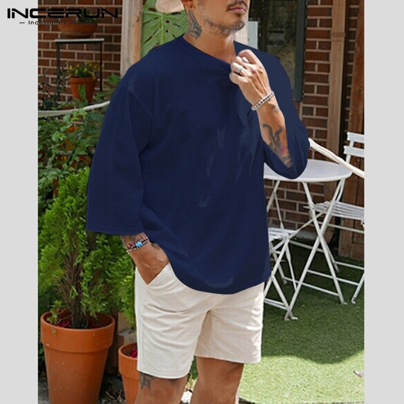 Heren Casual T-Shirt - Katoen 3/4 Mouw Ronde Hals Wijde Streetwear